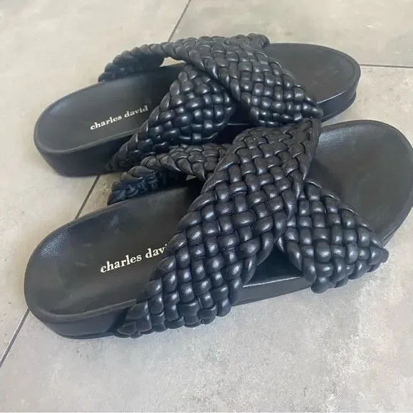 NEW Charles David defend black braided leather slides sandals 6.5 - Picture 1 of 7